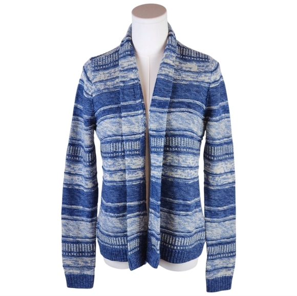 Chaps Petite Blue White Open Front Cardigan Sweater PM Cotton Blend Knit - Picture 1 of 6
